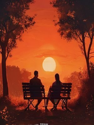 夫妻在傍晚公园长椅上并肩而坐，背景是橙色夕阳，画面充满温情与和解气氛