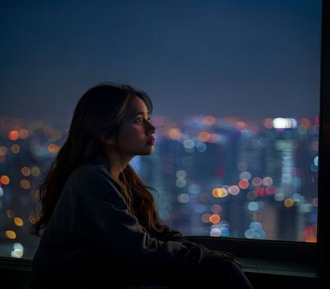 女性坐在窗边若有所思，背景是模糊的城市夜景，表情疲惫而复杂，传递出婚姻中情感耗竭的真实状态