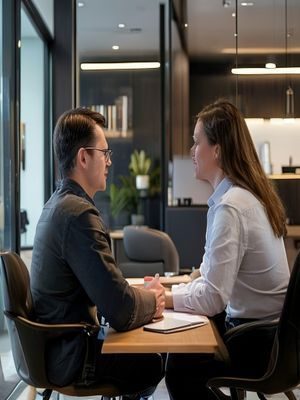 婚姻咨询师与男性来访者面对面交流，专业温馨的咨询室环境，传递信任与专业感