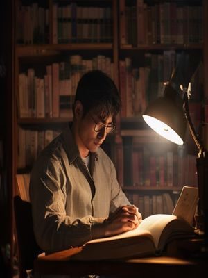 男性在安静书房认真阅读情感修复书籍，台灯光线柔和，专注而有决心的神情